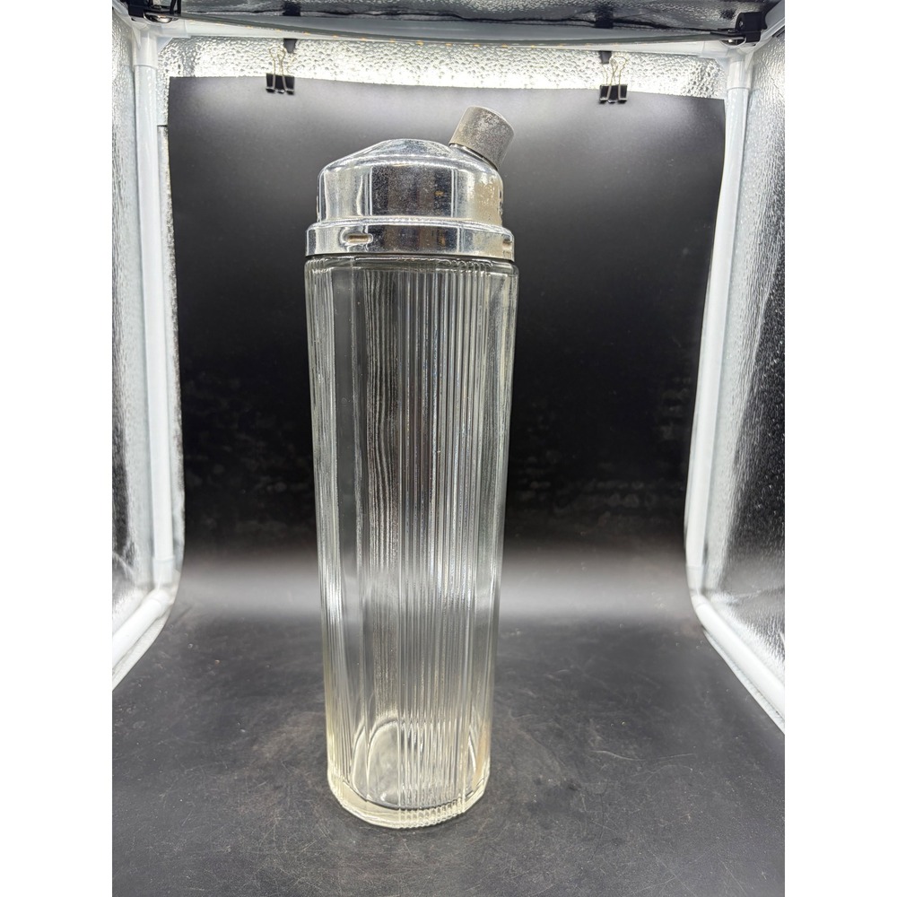 Vintage Art Deco Ribbed Glass Cocktail Shaker Chrome Top Mid Century Barware
